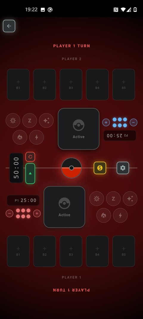 TCG Tools match board — mirrored two-player scoreboard with prize counters, active and bench slots, and per-player timers