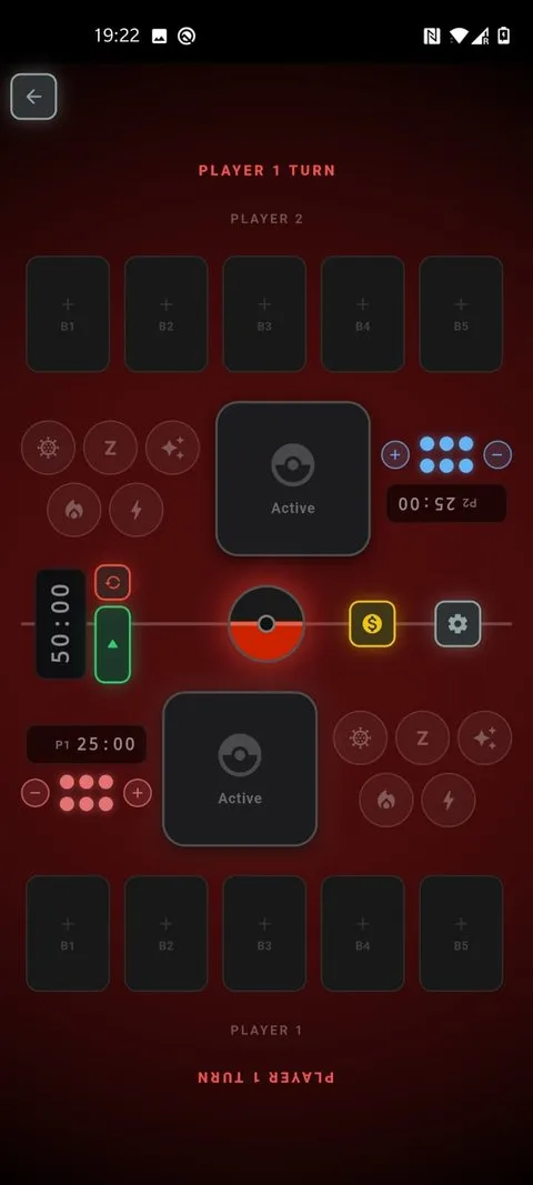 TCG Tools match board — mirrored two-player scoreboard with prize counters, active and bench slots, and per-player timers